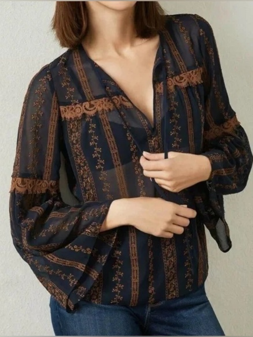 BCBGMaxAzria Navy and Brown Embroidered Sheer Blouse Size XS